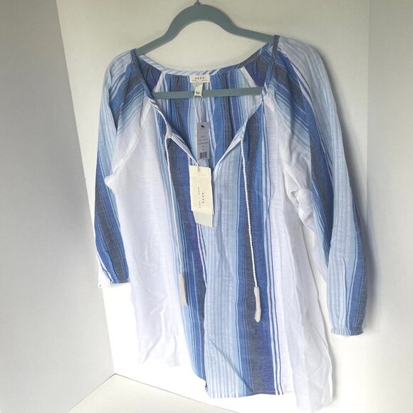 Joie Tunic Blouse Women Small Blue Stripe V-Neck Cotton Lightweight Resort - Picture 4 of 8